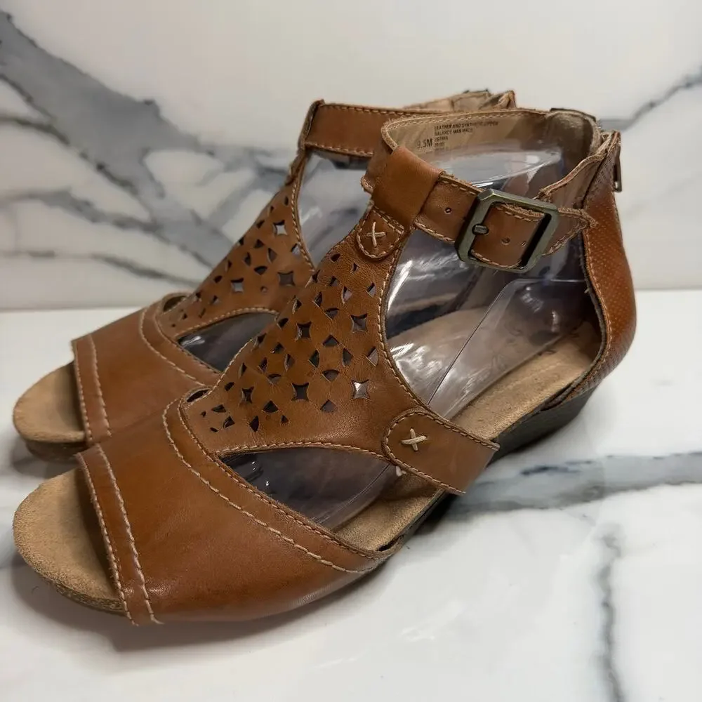 Earth Origins Wmns Tan Leather Hermia Wedge Sandals Sz 9.5 Festival Boho Comfort